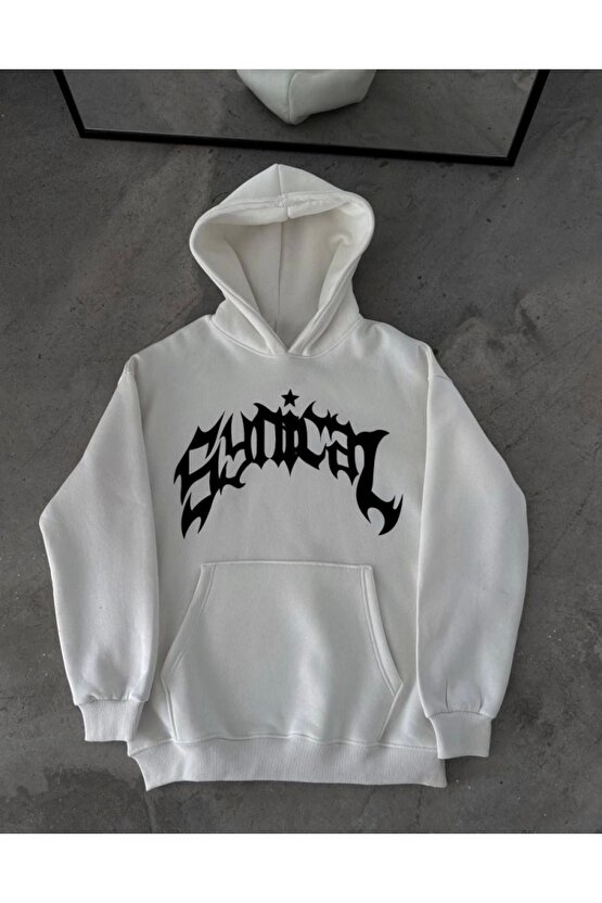 Mottisfashion Kışlık Kapşonlu Baskılı Oversize Sweatshirt- Beyaz