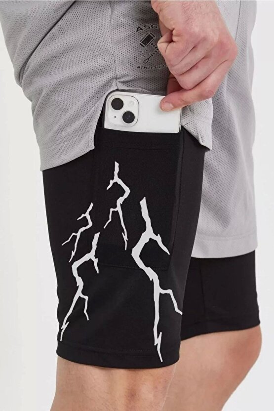 Unisex Baskılı Iç Cepli Sporcu Alt Taytlı Şort - Gri