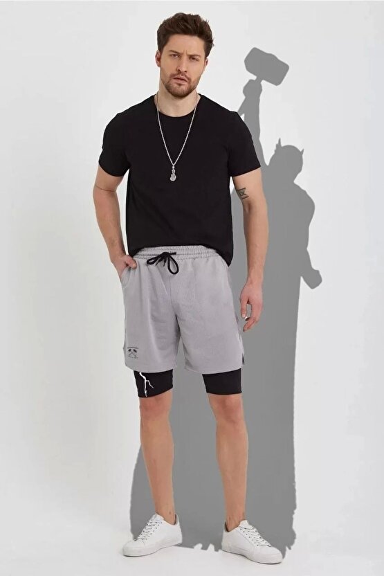 Unisex Baskılı Iç Cepli Sporcu Alt Taytlı Şort - Gri