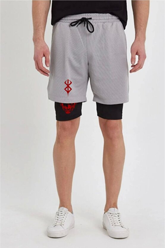 Moda Shop & Butik Unisex Baskılı Iç Cepli Sporcu Alt Taytlı Şort - Gri