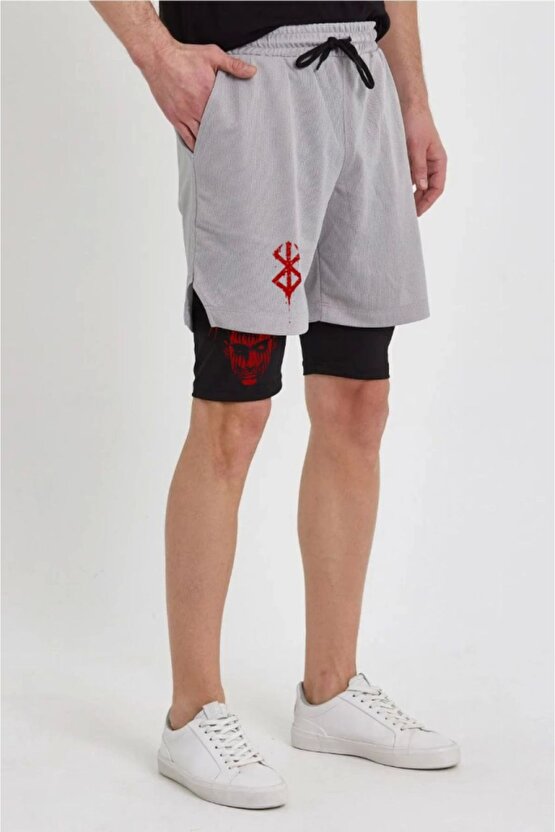 Moda Shop & Butik Unisex Baskılı Iç Cepli Sporcu Alt Taytlı Şort - Gri