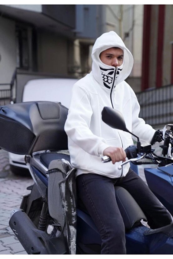 Samuray Kapşonlu ZIP Fermuarlı Çift Kapşonlu Nakışlı SweatShirt- Beyaz