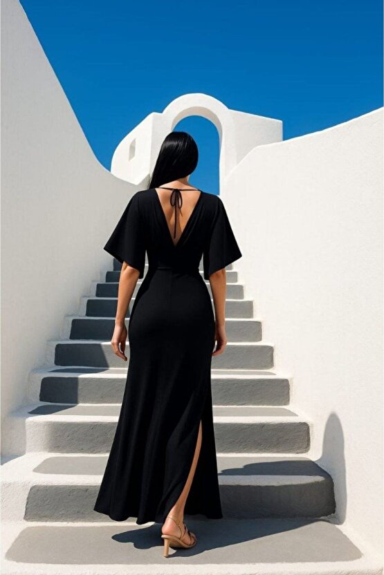 Moda Shop & Butik Kadın Sendy Kumaş Yırtmaç Detaylı V Yaka Elbise