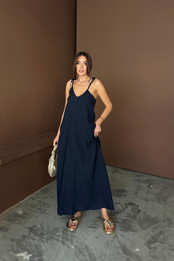 Moda Shop & Butik Askılı Uzun Salaş Müslin Elbise - Lacivert