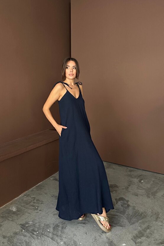 Moda Shop & Butik Askılı Uzun Salaş Müslin Elbise - Lacivert