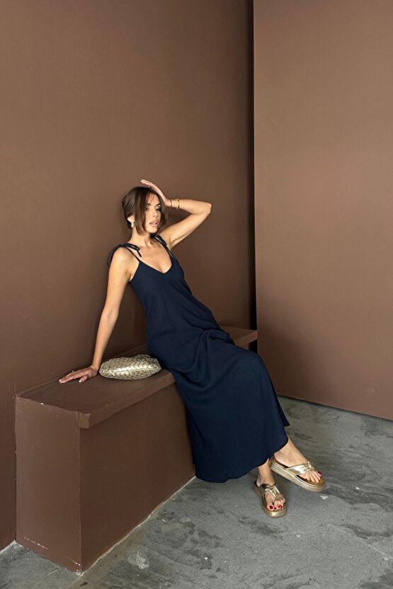 Moda Shop & Butik Askılı Uzun Salaş Müslin Elbise - Lacivert