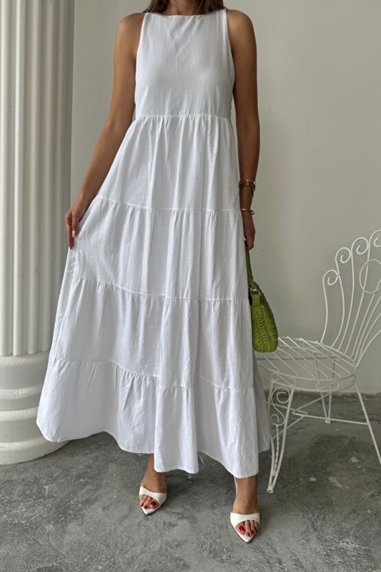 Moda Shop & Butik Kolsuz Uzun Flam Keten Elbise - Beyaz