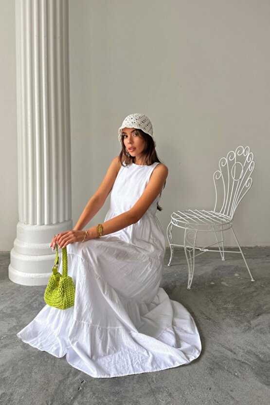 Moda Shop & Butik Kolsuz Uzun Flam Keten Elbise - Beyaz