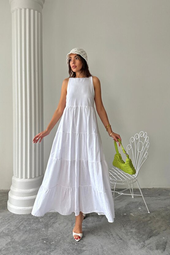 Moda Shop & Butik Kolsuz Uzun Flam Keten Elbise - Beyaz