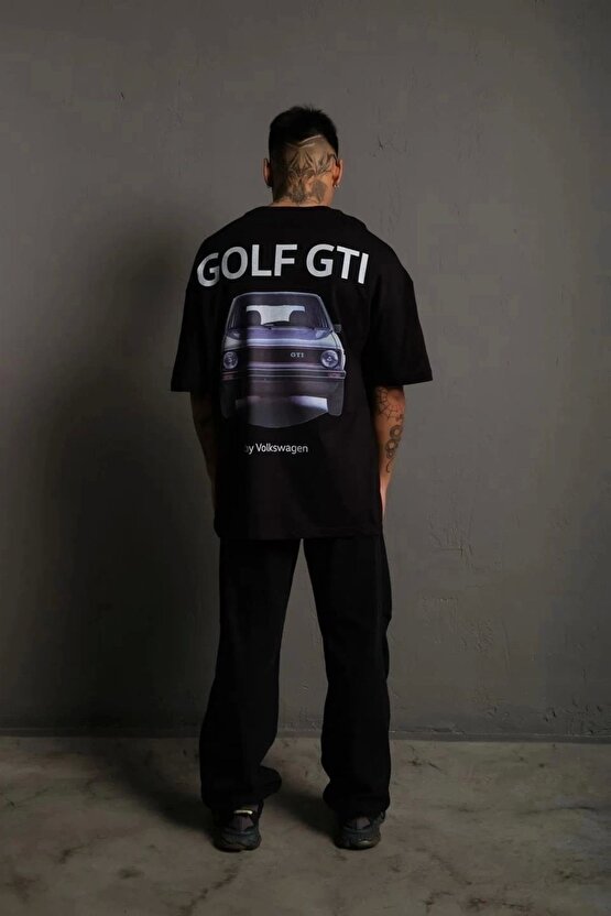 Erkek Sırt Golf Baskılı Oversize T-shirt - Siyah