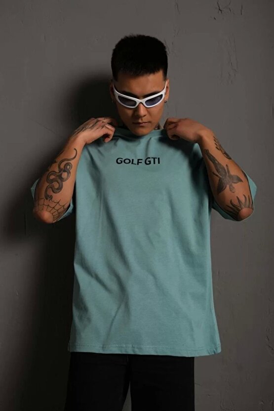 Erkek Sırt Golf Gtı Baskılı Oversize T-shirt - Mint Yeşili