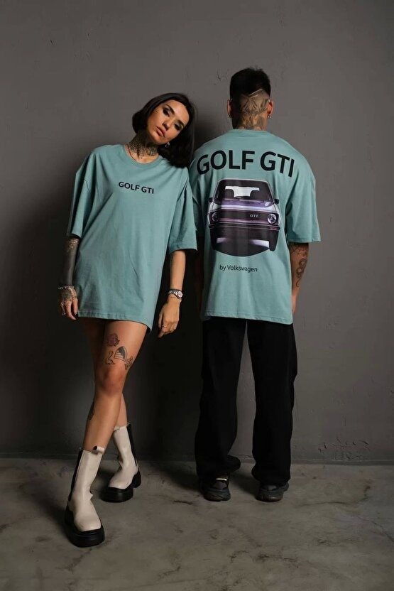 Erkek Sırt Golf Gtı Baskılı Oversize T-shirt - Mint Yeşili