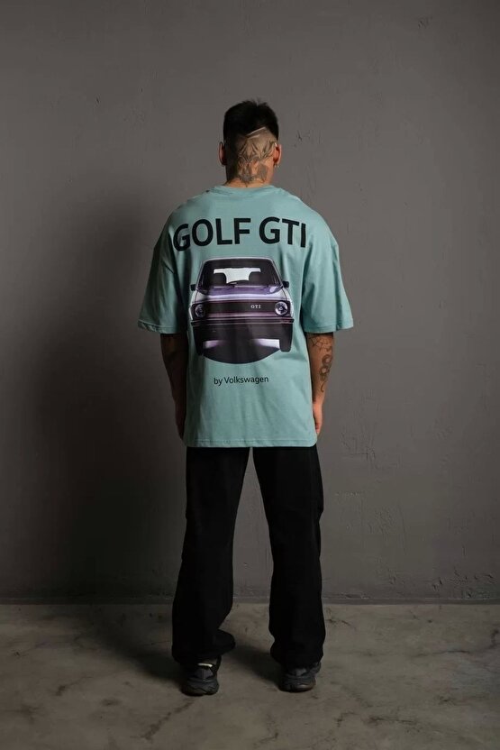 Erkek Sırt Golf Gtı Baskılı Oversize T-shirt - Mint Yeşili