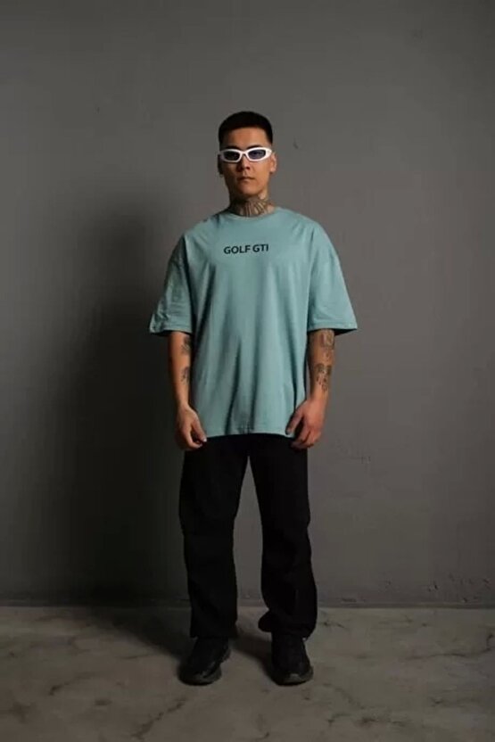 Erkek Sırt Golf Gtı Baskılı Oversize T-shirt - Mint Yeşili