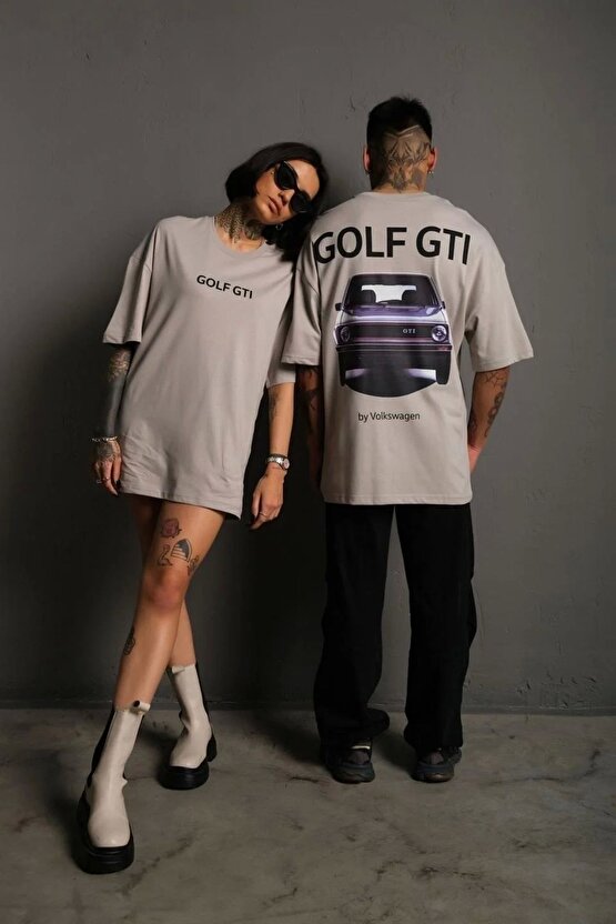 Erkek Sırt Golf Baskılı Oversize T-shirt - Gri