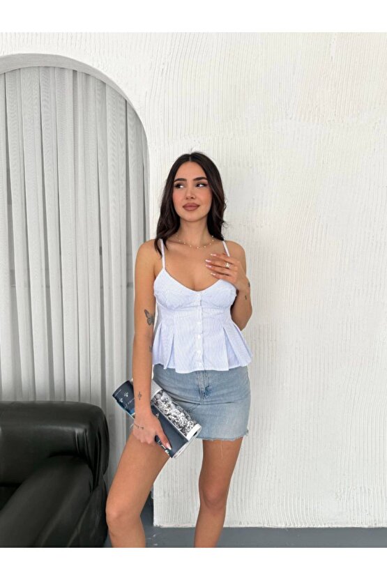 Moda Shop & Butik Askılı Dekolte Deraylı Crop - Açık Mavi