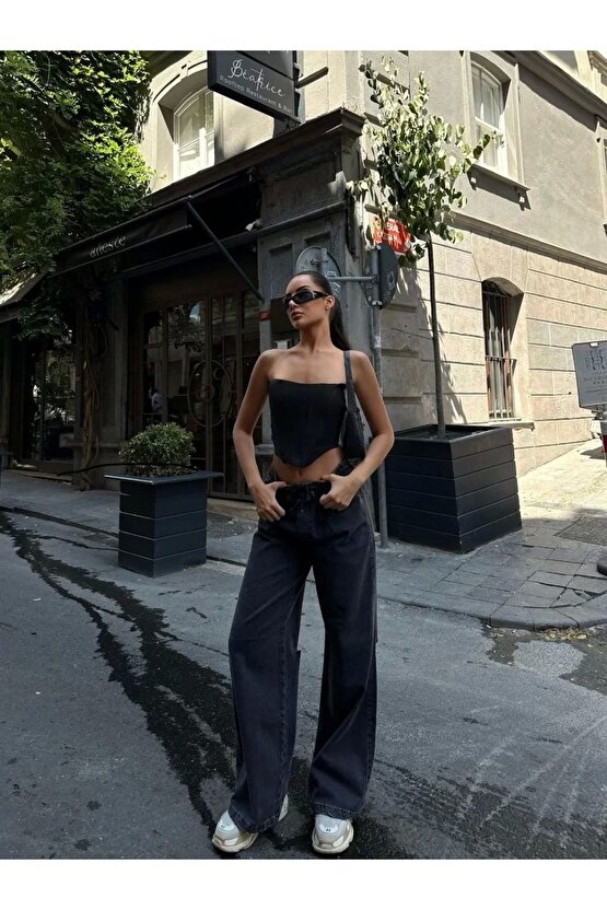 eyesof Arkadan Yırtmaçlı Jeans Kot Palazzo Pantolon - Siyah