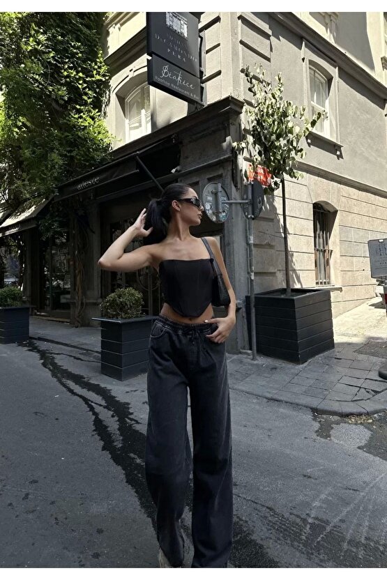 Kadın Arkadan Yırtmaçlı Jeans Kot Palazzo Pantolon - Siyah