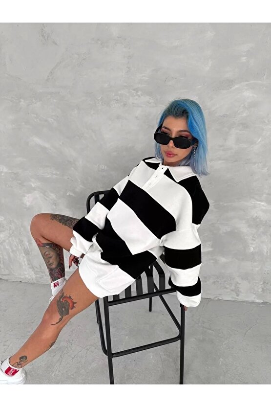 Unisex Üç İplik Parçalı Yakalı SweatShirt - Siyah