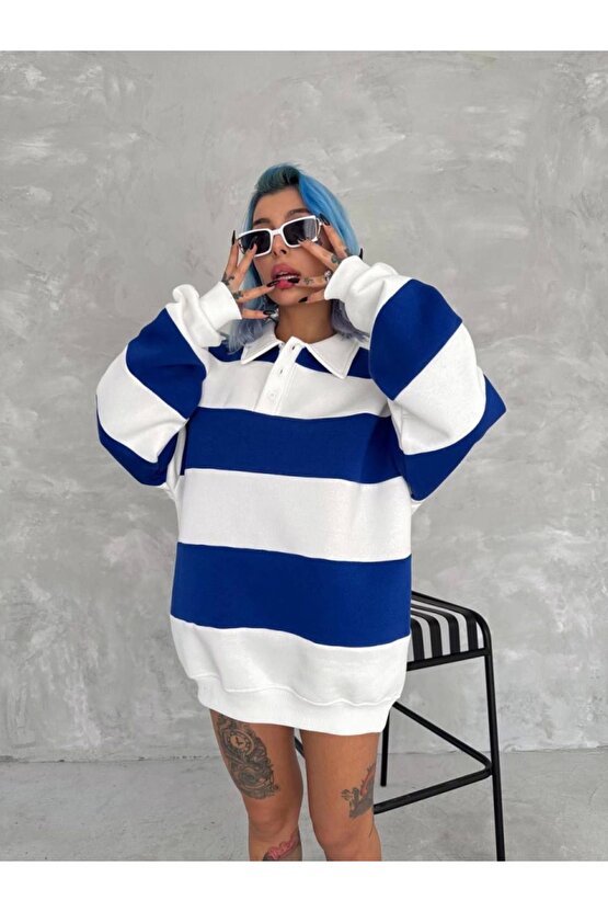 Moda Shop & Butik Unisex Üç Iplik Parçalı Yakalı Sweatshirt - Mavi