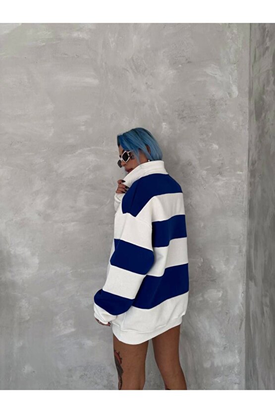 Moda Shop & Butik Unisex Üç Iplik Parçalı Yakalı Sweatshirt - Mavi