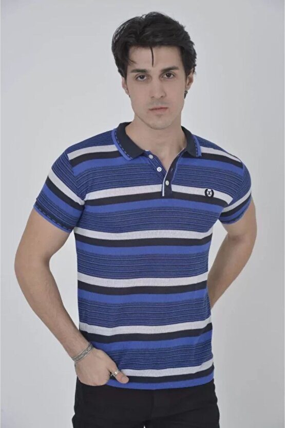 Modavera Erkek Yakalı Slim Fit Dokuma Çizgili T-shirt - Mavi