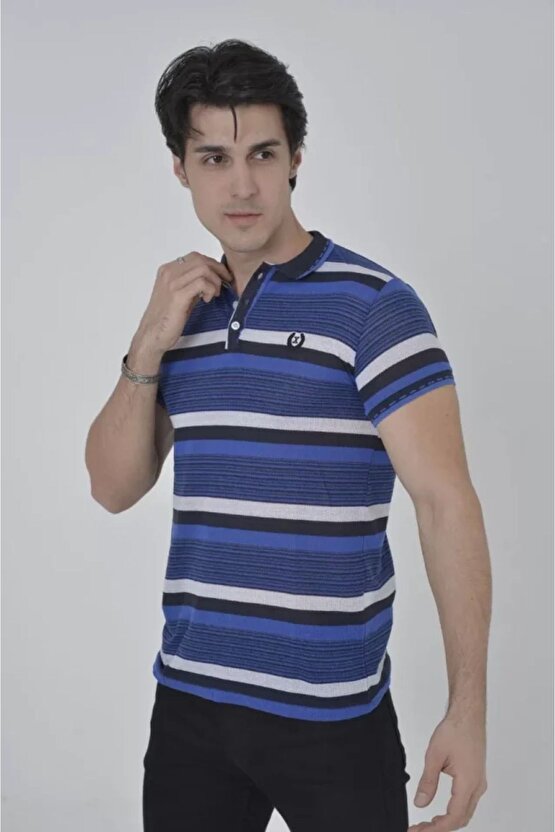 Modavera Erkek Yakalı Slim Fit Dokuma Çizgili T-shirt - Mavi