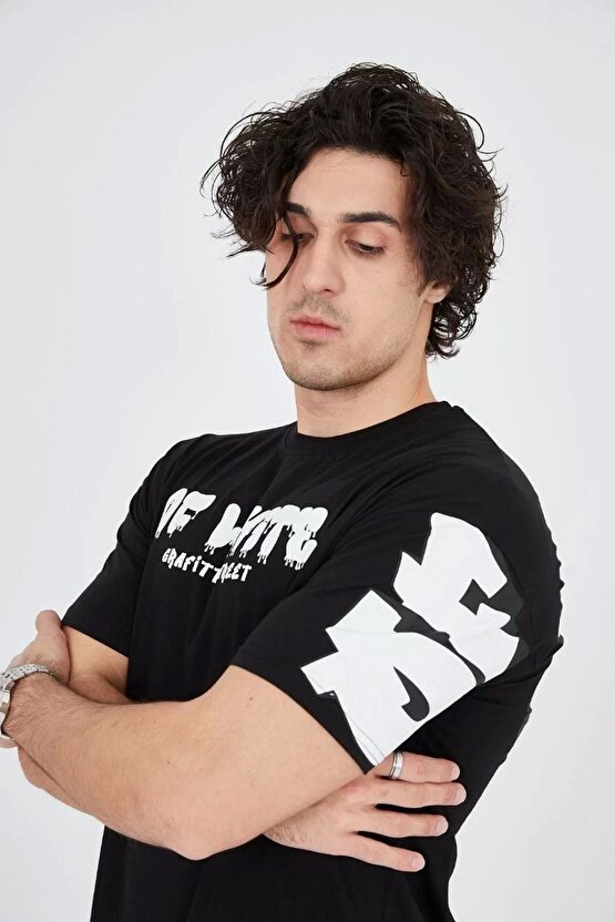 Erkek 241 Penye Baskılı T-Shirt - Siyah