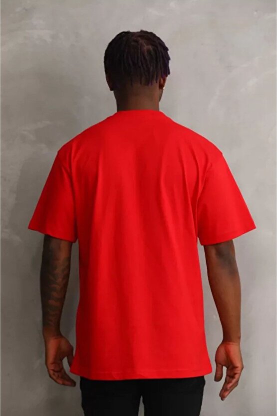 Mottisfashion Unisex Baskılı Oversize T-shirt - Kırmızı