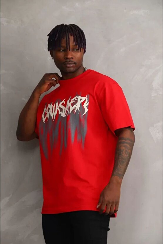Mottisfashion Unisex Baskılı Oversize T-shirt - Kırmızı