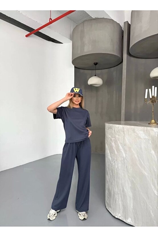 Osy Modal Yumuşak Dokulu Kumaş Kısa Kollu Bluz Rahat Pantalon ikili Takım- Füme