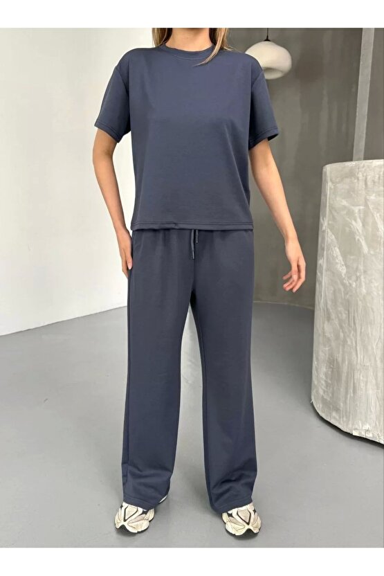 Osy Modal Yumuşak Dokulu Kumaş Kısa Kollu Bluz Rahat Pantalon ikili Takım- Füme
