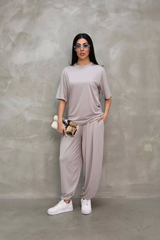 Osy Modal Yumuşak Dokulu Kumaş Oversize Bisiklet Yaka T-shirt Jogger Eşofman Altı Eşofman Takımı - G