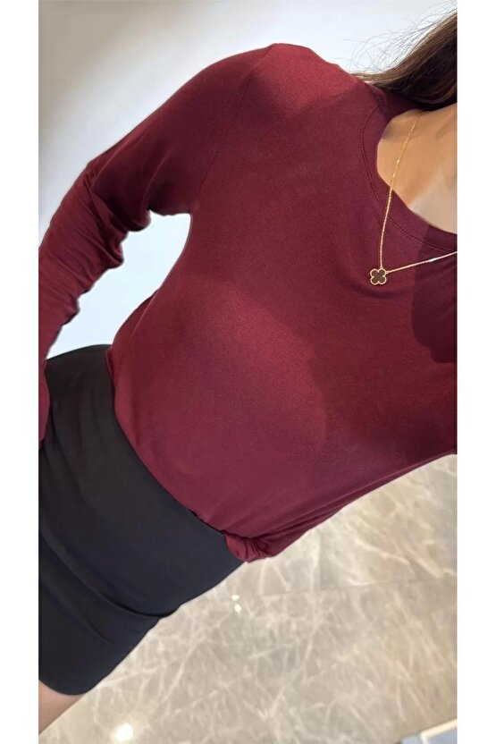 Bisiklet Yaka Uzun Kollu Crop - Bordo