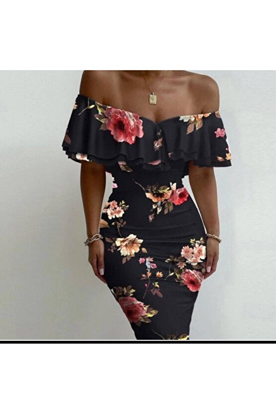 Moda Shop & Butik Kadın Madonna Yaka Çiçek Baskılı Volan Detay Kalem Elbise