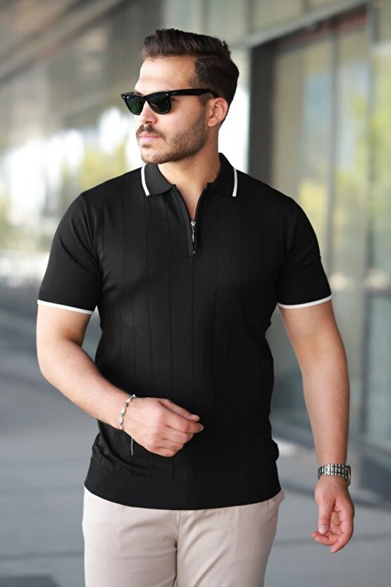 Moda Shop & Butik Erkek Fermuar Yakalı Çizgi Dokulu Kısa Kollu Tişört