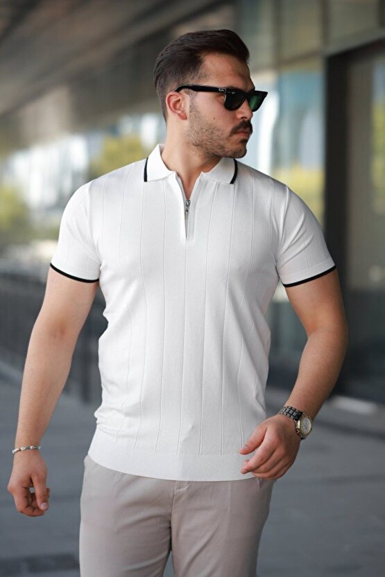 Moda Shop & Butik Erkek Fermuar Yakalı Çizgi Dokulu Kısa Kollu Tişört