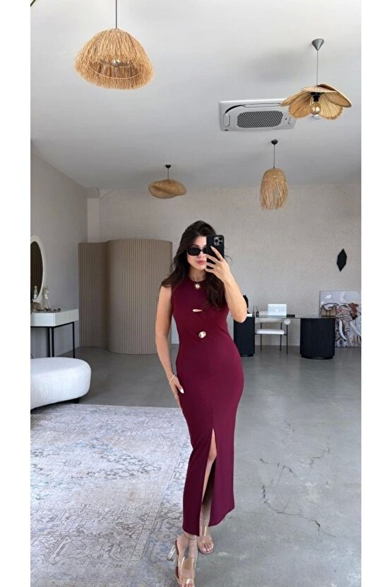 Kadın Bisiklet Yaka Broş Detay Yırtmaçlı Maxi Boy Ottoman Elbise