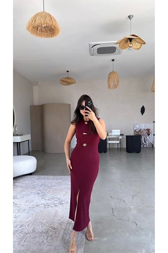 Kadın Bisiklet Yaka Broş Detay Yırtmaçlı Maxi Boy Ottoman Elbise