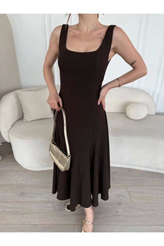 Moda Shop & Butik Sırt Dekolteli Kolsuz Uzun Elbise - Kahverengi