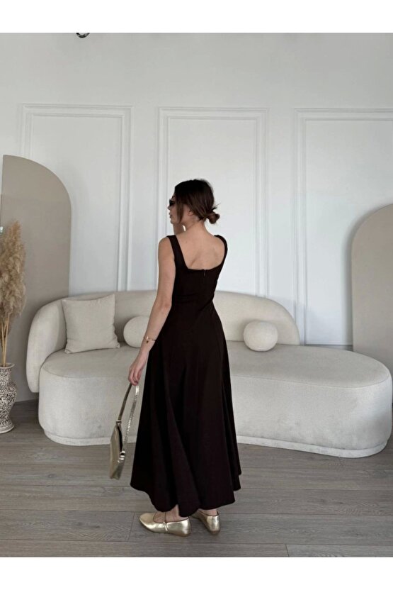 Moda Shop & Butik Sırt Dekolteli Kolsuz Uzun Elbise - Kahverengi
