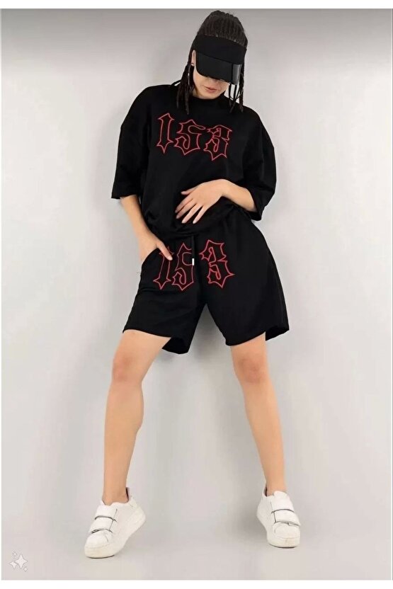 Kadın Unisex Nakış Işlemeli Şort Takım - Siyah