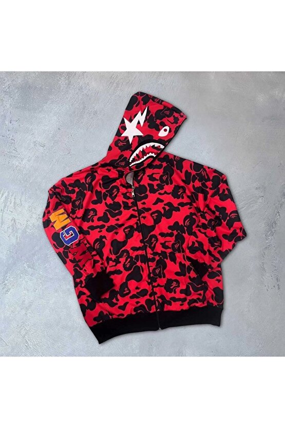 Unisex Pubg Bape x Shark Hoodie - Kırmızı
