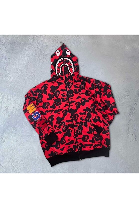 Unisex Pubg Bape x Shark Hoodie - Kırmızı