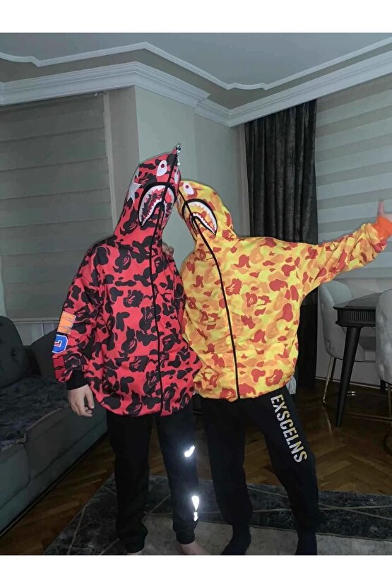 Unisex Pubg Bape x Shark Hoodie - Kırmızı