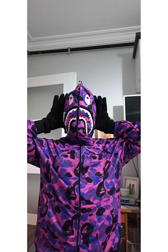 Unisex Pubg Bape x Shark Hoodie - Mor