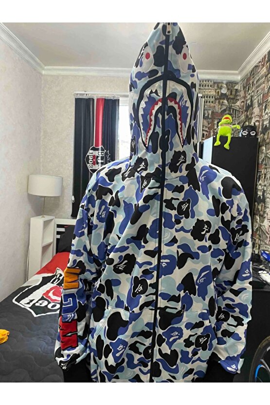 Unisex Pubg Bape x Shark Hoodie - Gri