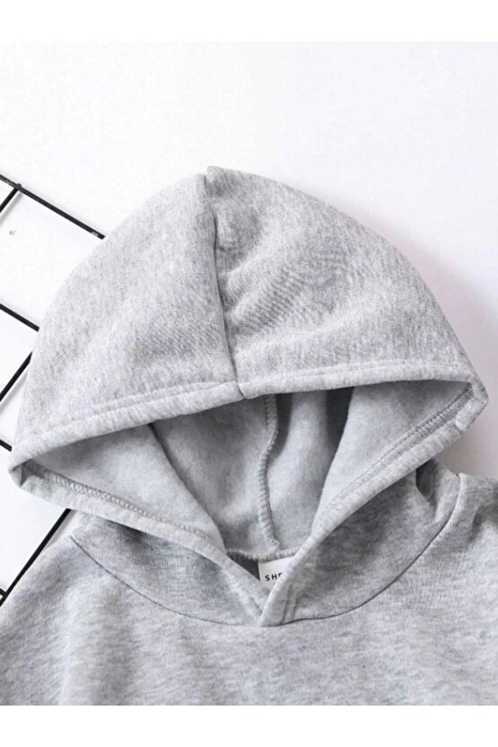 Çocuk Unisex Kapüşonlu Emoji Baskılı Sweatshirt - Gri