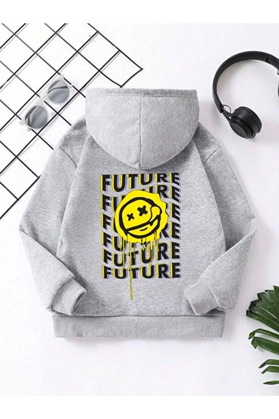 Çocuk Unisex Kapüşonlu Emoji Baskılı Sweatshirt - Gri