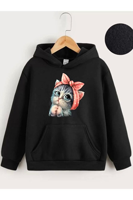 Çocuk Unisex Kapüşonlu Tatlı Kedi Baskılı Sweatshirt - Siyah